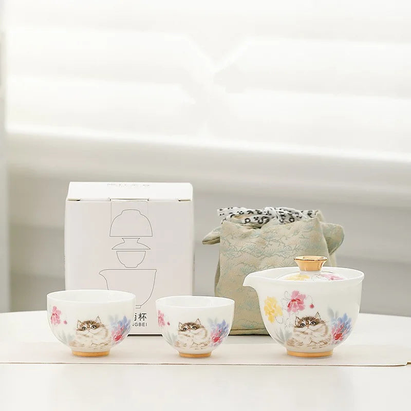 Hand Drawn Cat Quick Cup One Person Tea Set Portable Travel Tea Set Outdoor Tea Making Storage Bag Oasis Select Dull Four-piece Set