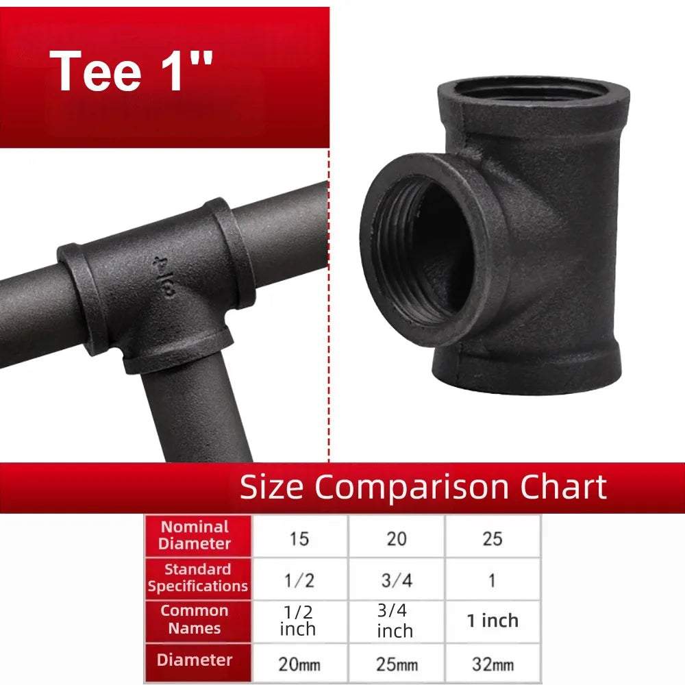 New Black Pipe Fittings Malleable Iron Elbow Plumbing Pipe Joint 1/2'' 3/4'' 1'' Threaded Pipe Connection Oasis Select Tee 1-- 16mm