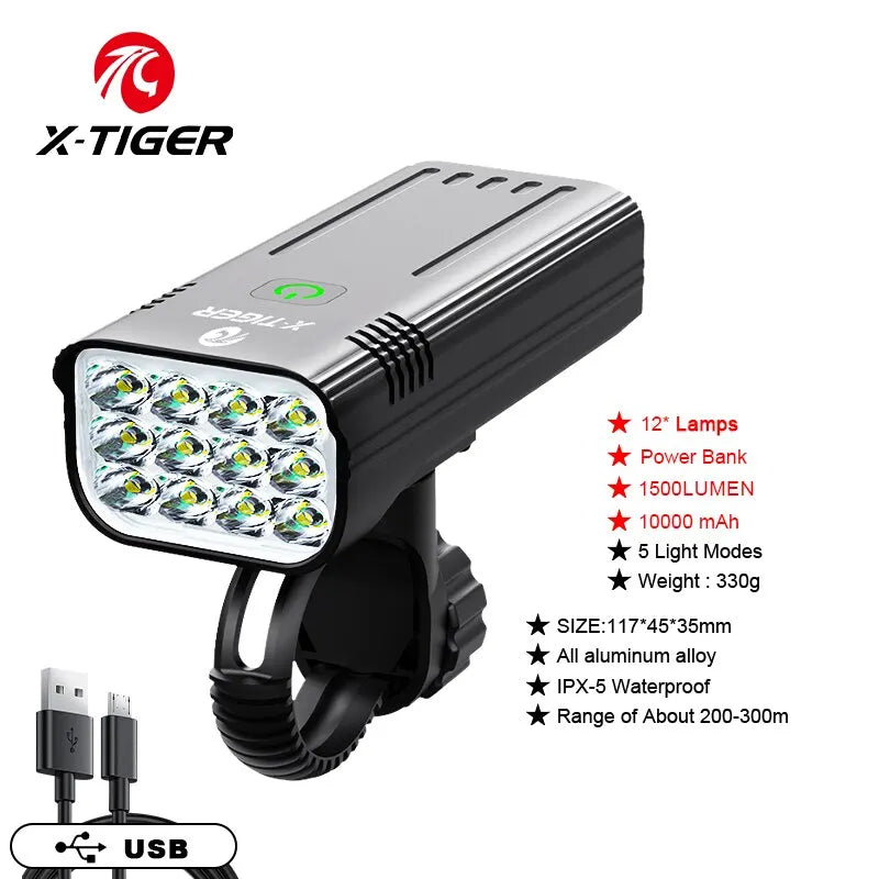 X-TIGER Bike Light Set Powerful USB Rechargeable Bright 10000mAh Bicycle Front Lights IPX5 Waterproof Front Lamp Cycling Oasis Select QD-1601