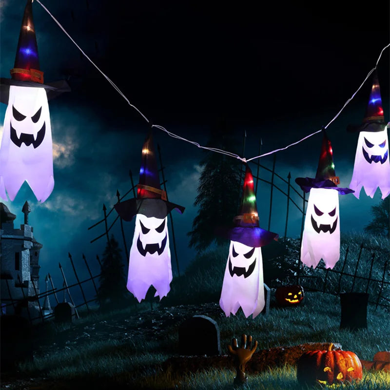 1-5PCS Halloween Wizard Hat Ghost Hanging Decoration Spooky Room Ambiance for Ghost Festival Party Scary Decor Flash Pendant Oasis Select