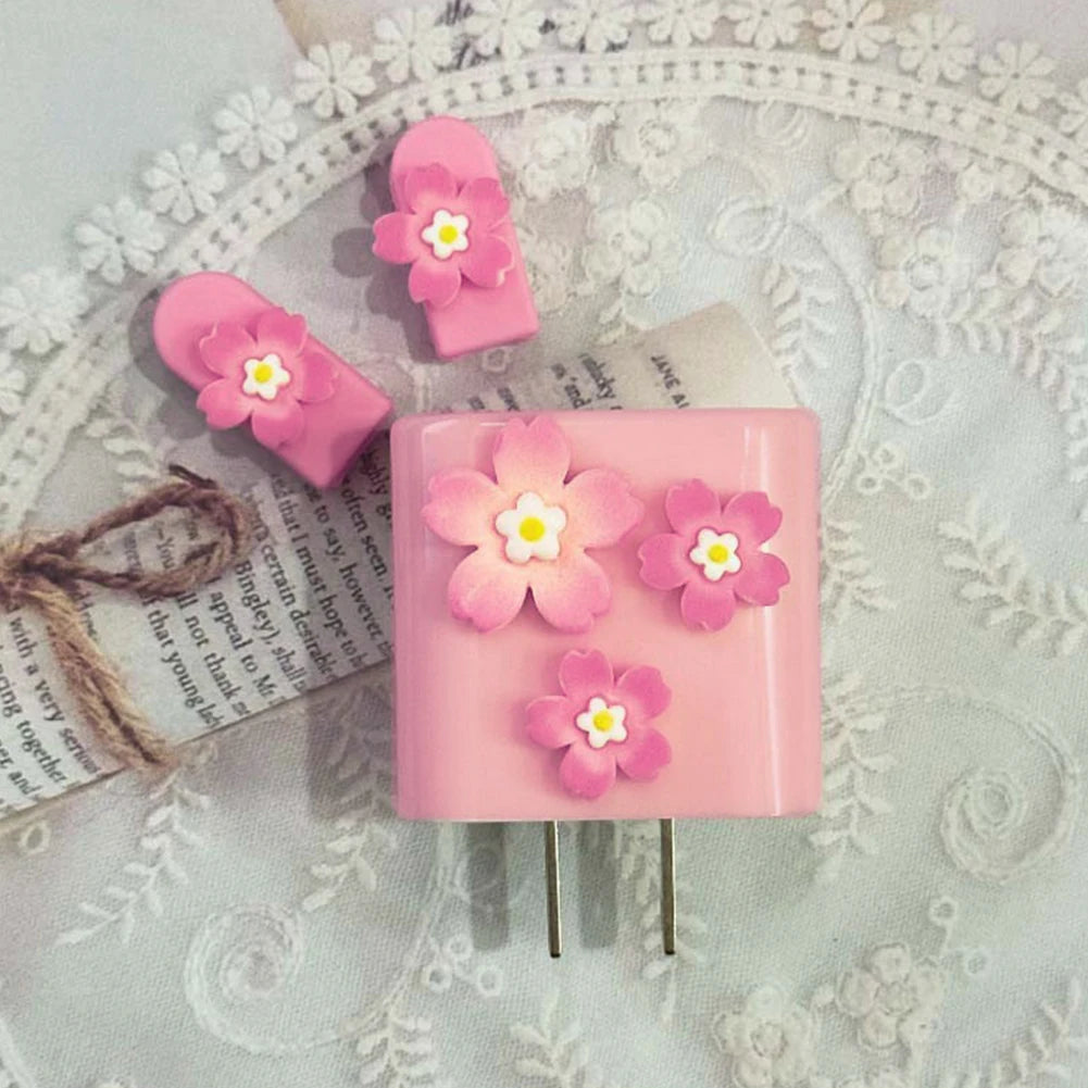 3D Pink Flower Cable Protector Sleeve for iPhone – 4 Pcs