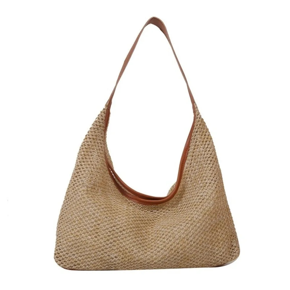 Fashion Solid Color Weave Straw Bag Bohemian Style Large Capacity Beach Handbag Bucket Bag Handmade Shoulder Bag Summer Oasis Select Brown