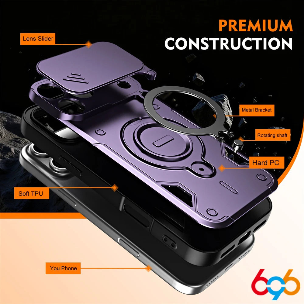 360° Rotating Magnetic Stand Armored Shockproof‌ Phone Case For IPhone 17 Pro Max 16 Slider Lens Skin Feel Slim Cover Man Lady Oasis Select