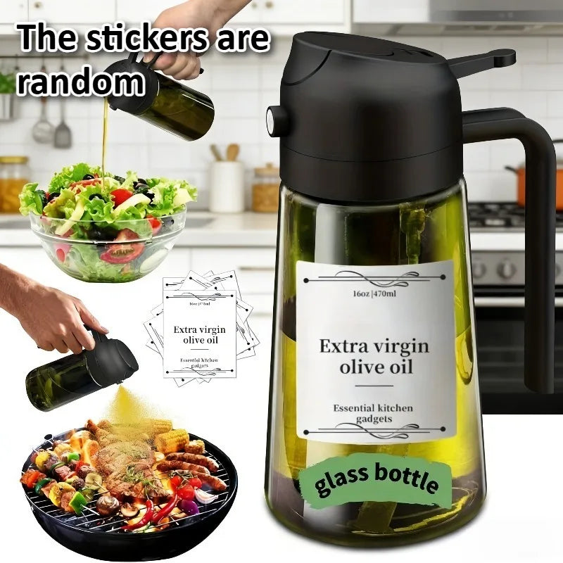 1pc 2-in-1 Olive Oil Dispenser & Sprayer, 16oz/470ml Dark Green Bottle, Durable Plastic with 6 Stickers, Kitchen Cooking Gadget Oasis Select black bottle cap