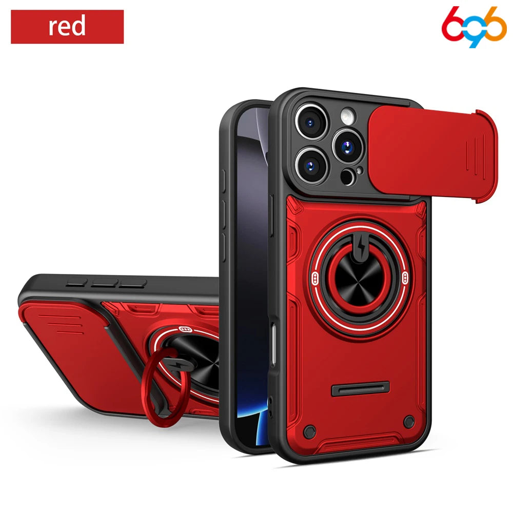 Drop-proof Case For IPhone 17/16 Pro/17 Pro Max Sliding Camera Lens Protector Magnetic Suction Car Ring Holder Hybrid Cover Oasis Select RD iPhone 16