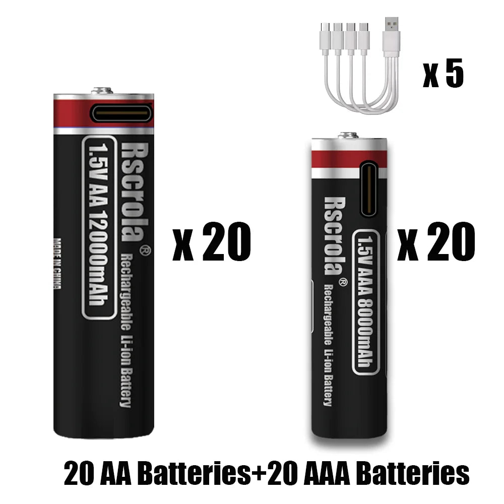 1.5V Rechargeable Li-ion Battery AA 12000mAh/AAA 8000mAh Type-C Fast Charge High Capacity， Cameras/Mouse/Xbox Controllers/Toys Oasis Select 1.5V 20AA 20AAA