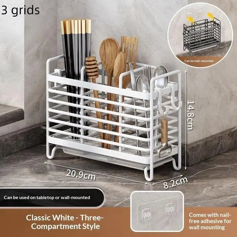 Stainless Steel No-Drill Wall-Mounted Utensil Holder Space-Saving Non-Slip Cutlery Organizer for Kitchen Countertop Wall Oasis Select White 3