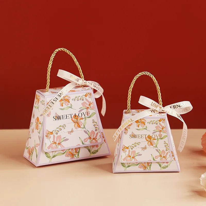 Wedding Candy Box Bow Ribbon Printing Flower Chocolate Cookie Party Supplies Gift Bag Kraft Paper Gift Packaging Box With Handle Oasis Select Purple-L Other