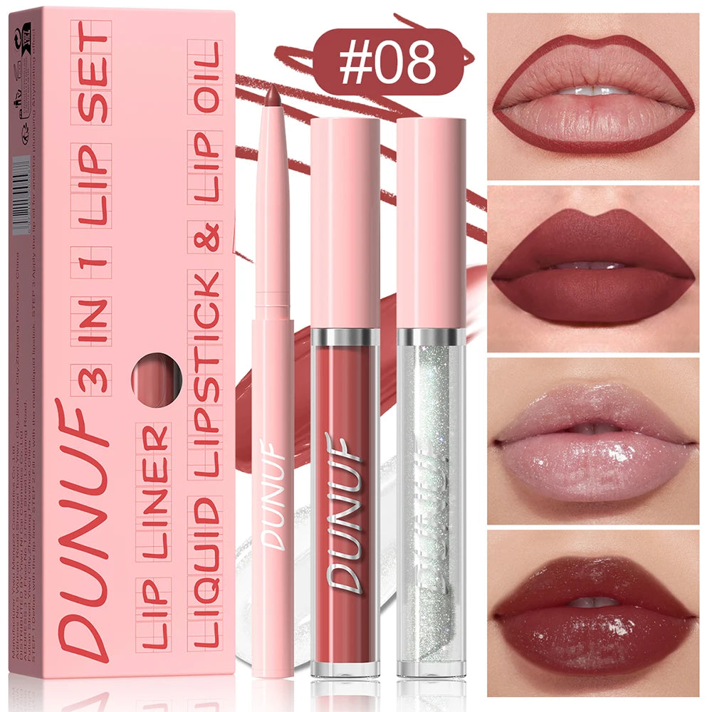 Lip Gloss Lip Liner Lip Oil 3pc/set: Matte Lipstick Waterproof Moisturizing Long Lasting Nude Y2K Christmas Valentine's Day Gift Oasis Select 08