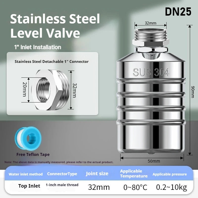 Float Ball Valve Automatic Water Level 1/2" 3/4" 1 Inch Stainless Steel 304 Control Shut-Off Valve Vertical for Water Tank Tower Oasis Select DN25