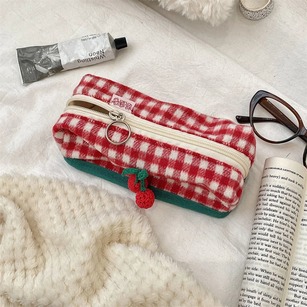 Knitted Plaid Student Stationery Pencil Case Multifunctional Storage Cosmetic Bag Portable Stationery Box Oasis Select