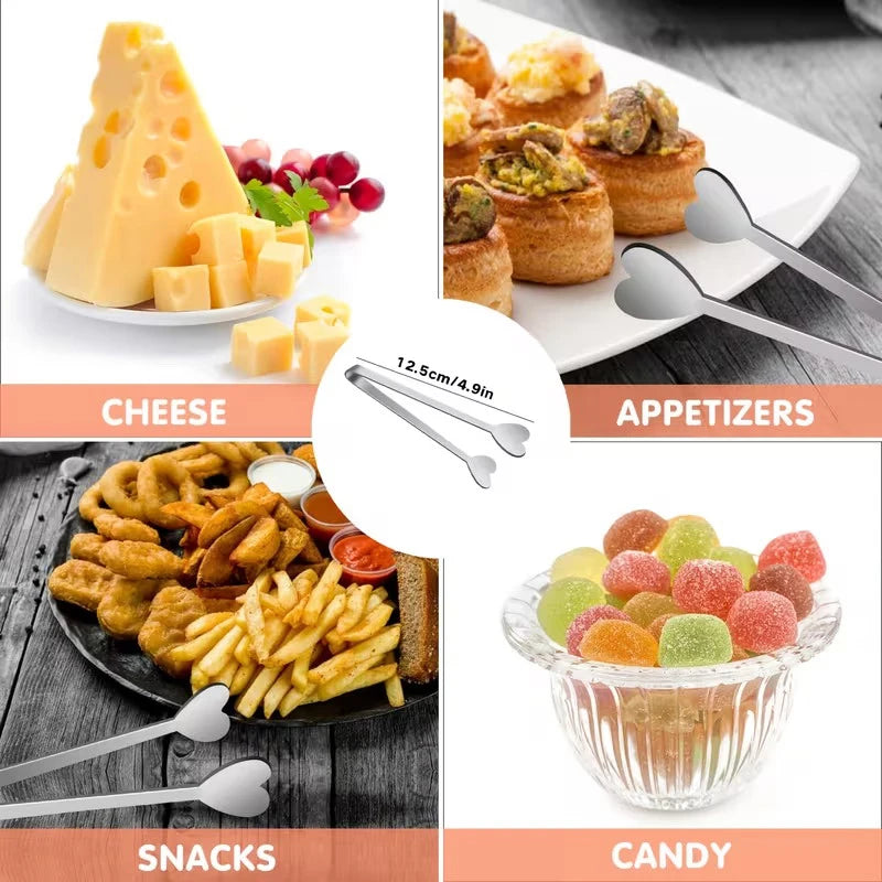Heart Shaped Mini Tongs – Stainless Steel Food Serving Clamps
