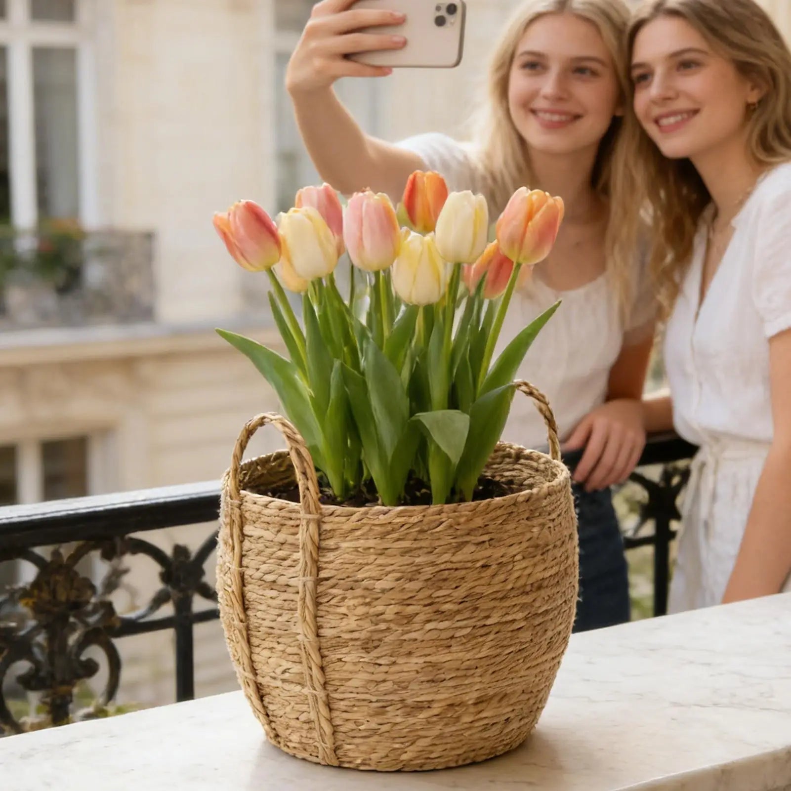 Rattan Planter Basket Floor-Standing Flower Pot with Handle Woven Plant Basket for Indoor Farmhouse Garden Living Room Dorm Home Oasis Select