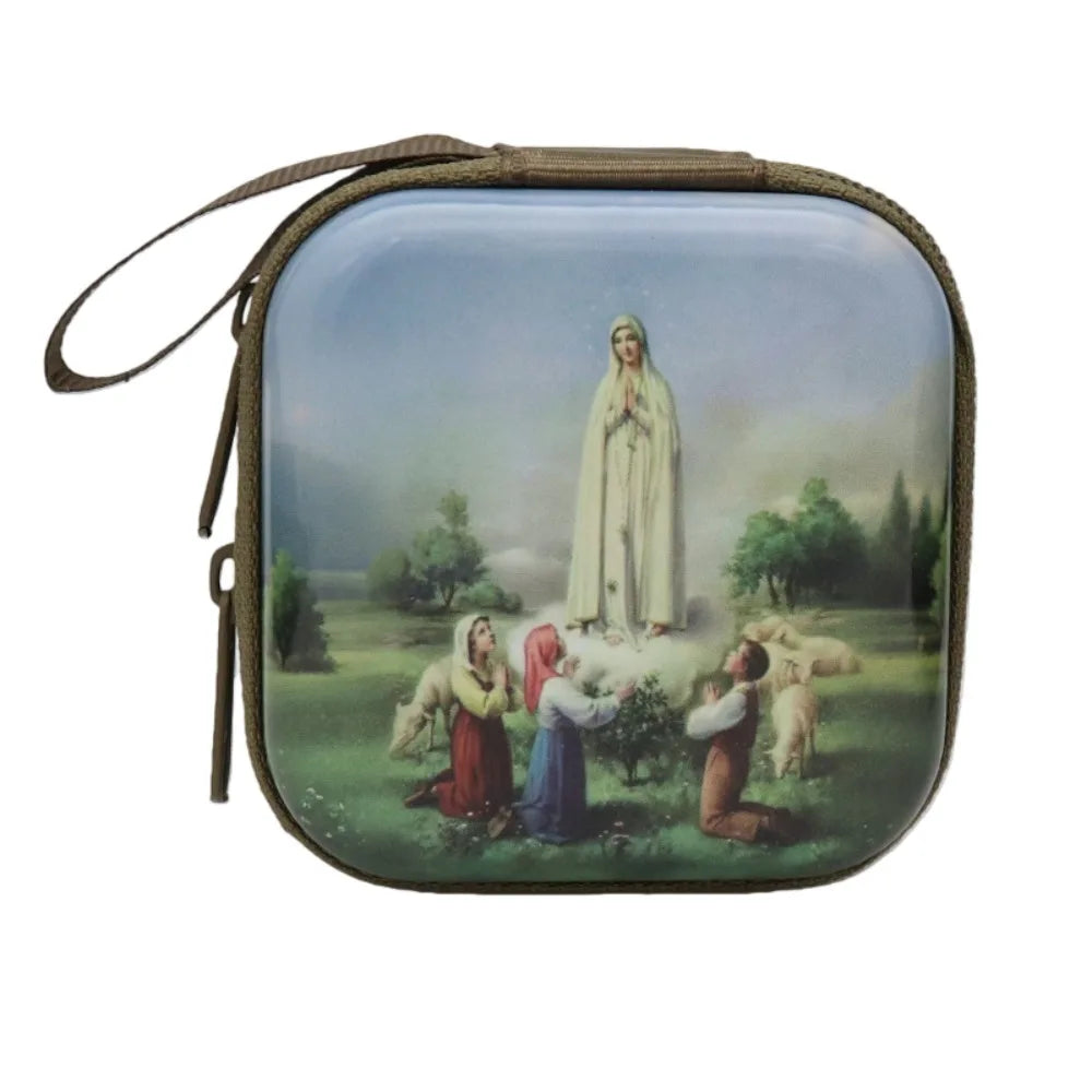 Virgin Mary Prayer Rosary Storage Bag Iron Artwork 7x7cm Religious Articles Cartoon Zippered Religious Jewelry Box Oasis Select D