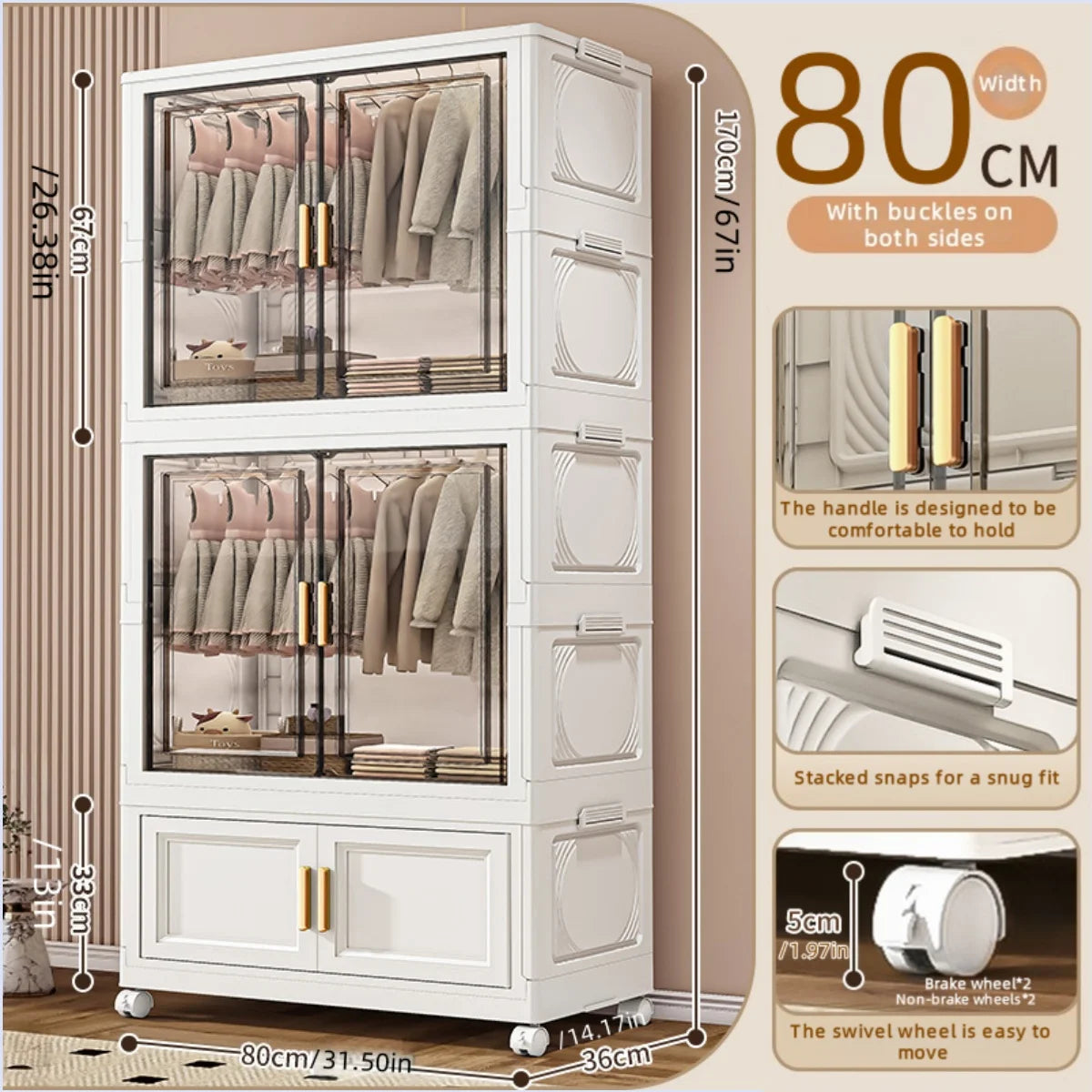 Foldable plastic storage box, simple wardrobe for home bedroom closet toy storage cabinet, no installation required Oasis Select 80cm 2 Large 1 Small