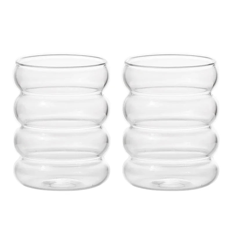 2/3PCS Beverage Glasses Wave Shape Vintage Glass Cups Ripple Threaded Cold Drink Coffee Cup for Milk Juice Champagne Cocktail Oasis Select Caterpillar-2Pcs 300ml