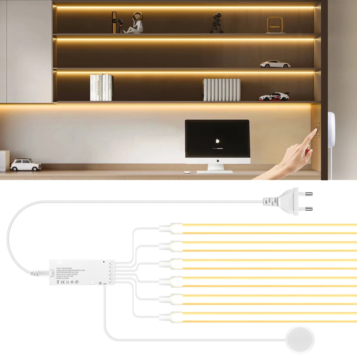 AC100V-240V to 24V Touch Control Swtich Dimmable COB LED Neon Strip Light for Multiple Closet Soundproof Panel Souvenir Cabinet Oasis Select