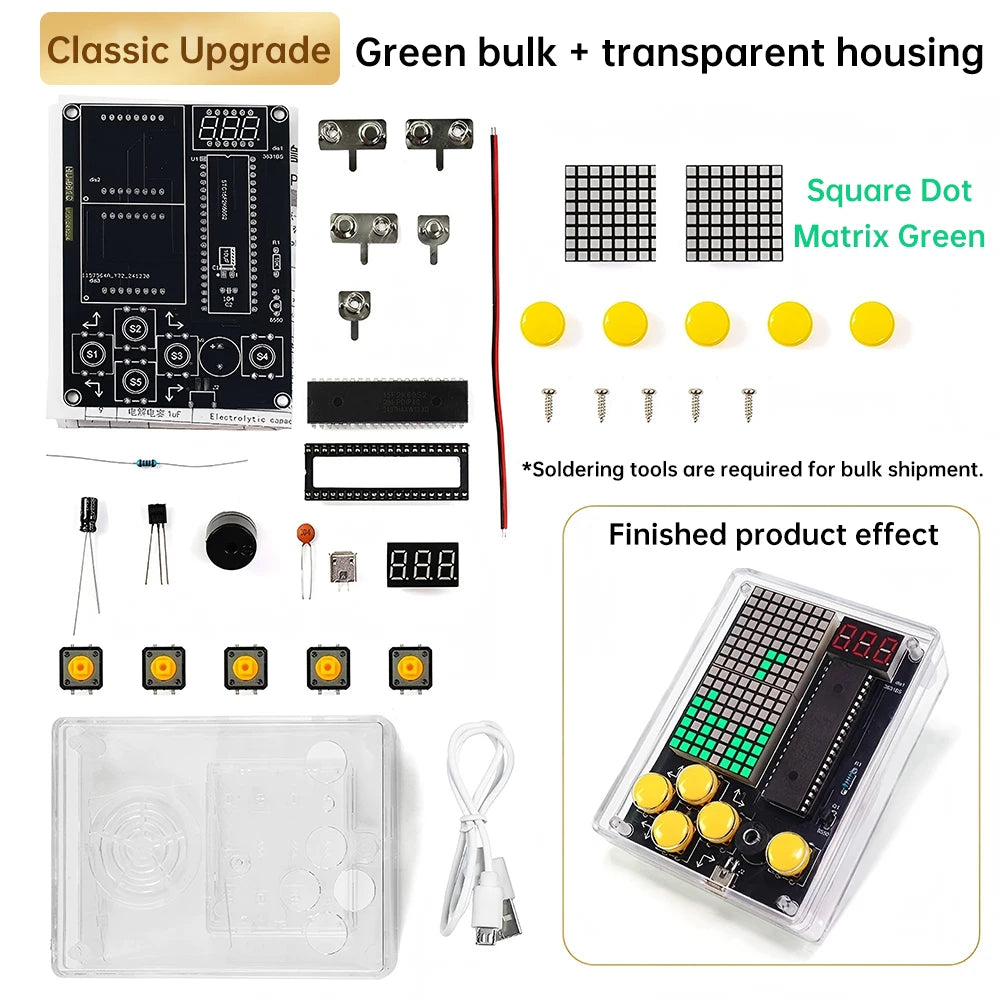 DIY Pixel Game Console Production Parts DIY Brazing Project Game Kit 51 Single Chip Game Console with Acrylic Shell USB Cable Oasis Select Green light 1