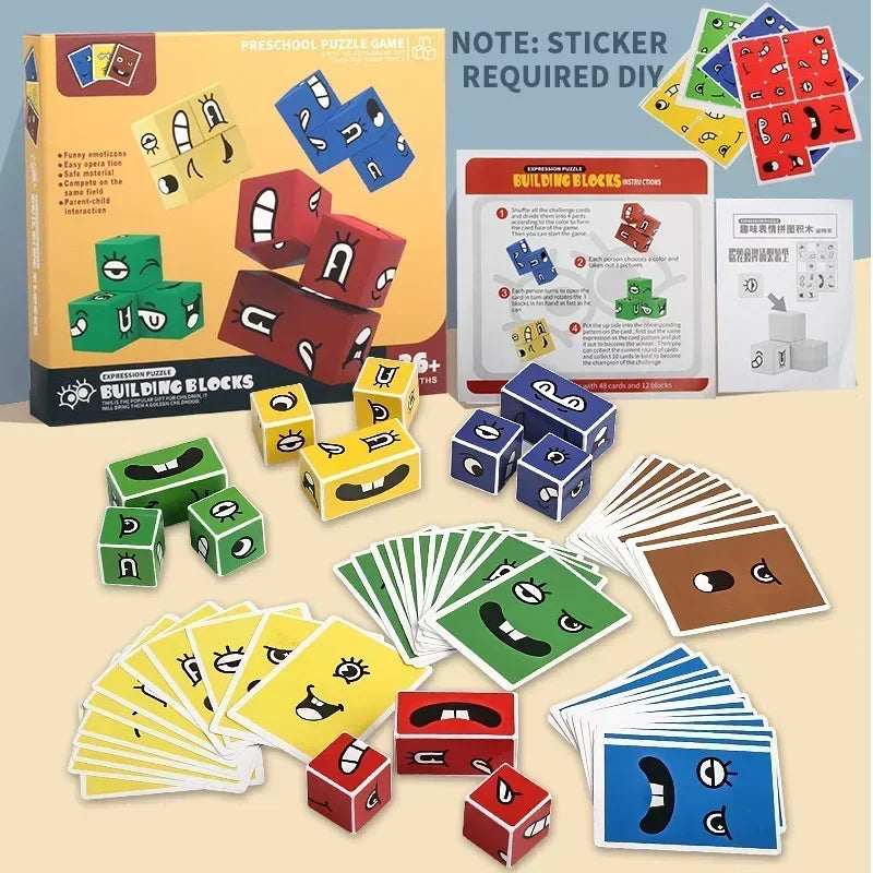 Cube Face Changing Wood Puzzle Building Block Board Game Montessori Expression Wooden Block Blocos for Children New Oasis Select Box 48pcs card
