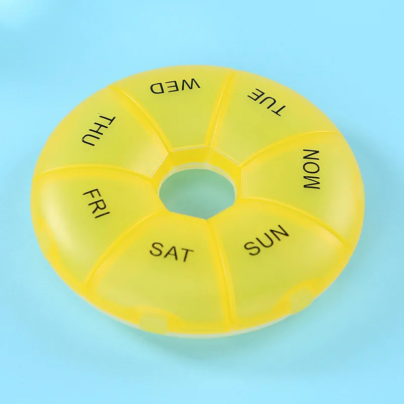 1Pcs Round Pill Case Plastic 7 Days Weekly Tablet Candy Box Portable Storage Tablet Holder Travel Organizer Pill Container Oasis Select yellow