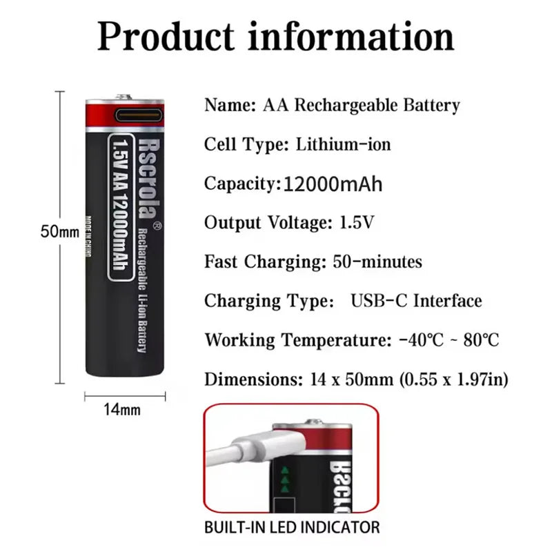 1.5V AA Rechargeable Lithium Battery 12000mAh with Type-C Cable, Stable Output for Camera, Mouse, Toys, Flashlight Oasis Select