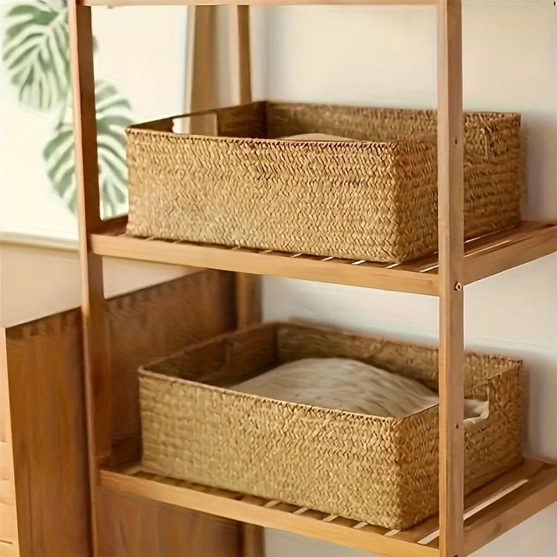 Handwoven Rattan Basket, Rectangular Storage Organizer for Bathroom Bedroom Living Room, Durable Wicker Decor Grocery Bag Holder Oasis Select