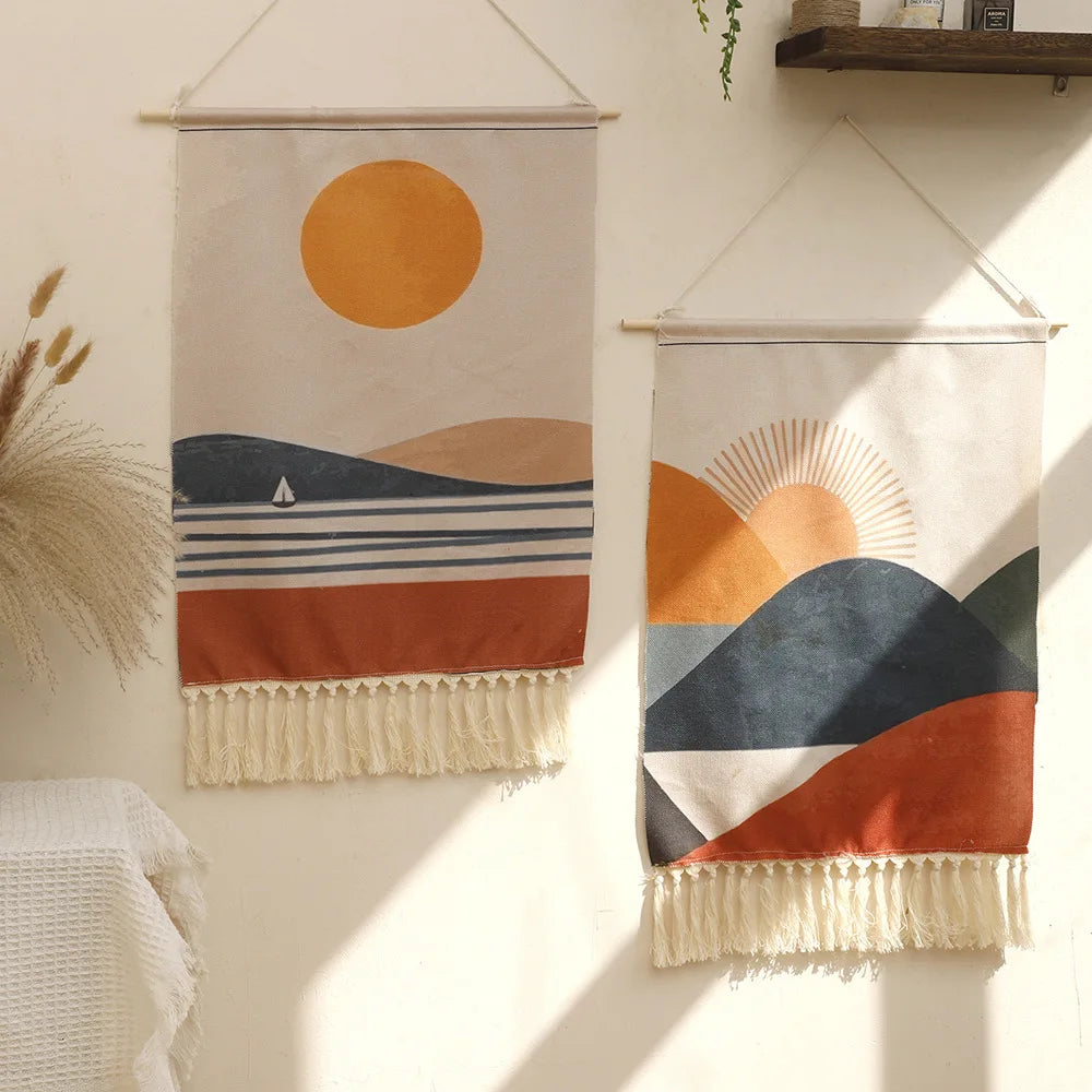 Hand-woven Sunrise and Sunset Print Tassel Tapestry Simple Studio Bedroom Living Room Background Hanging Cloth Oasis Select