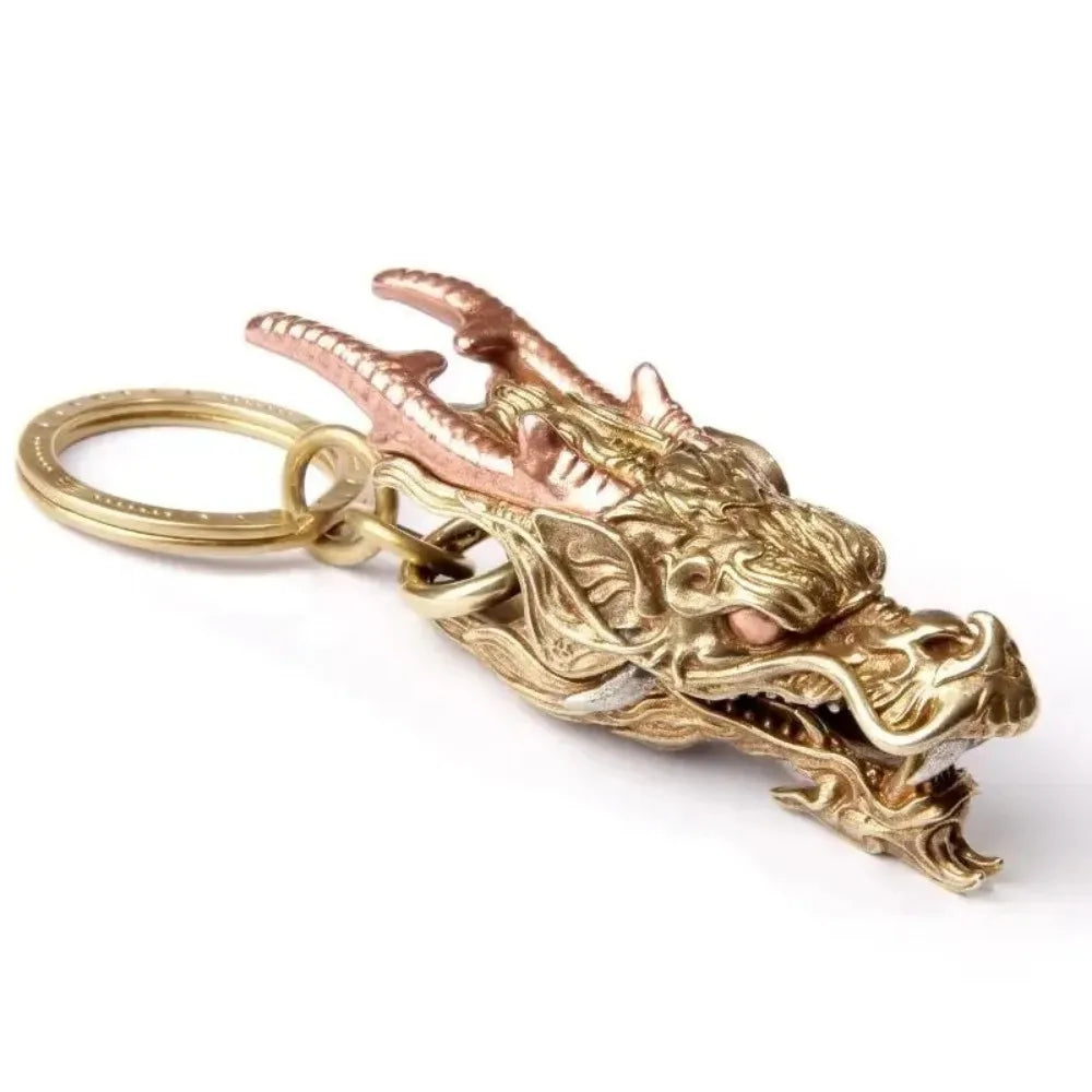Gold Brass Dragon Head Keychain with Key Ring Fine Carved Domineering Car Keychain Multifunctional Metal Ornaments Luxury Gift Oasis Select
