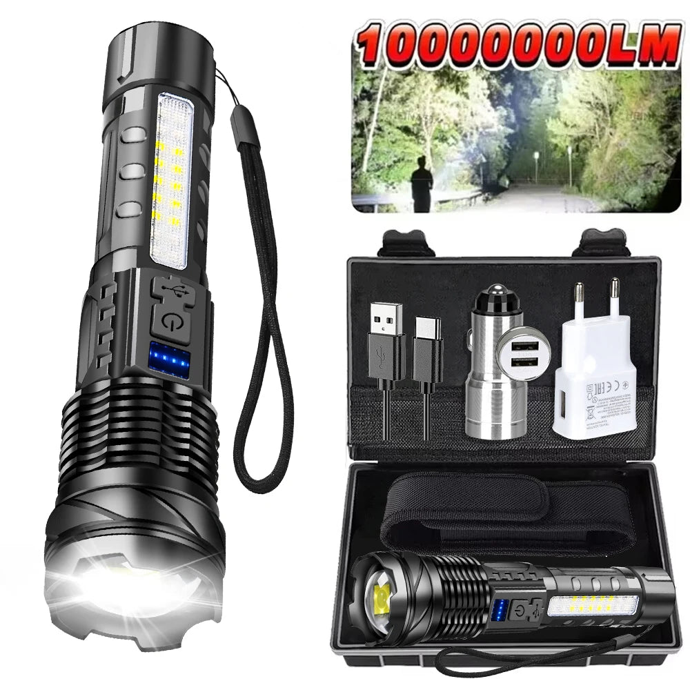 Powerful LED Flashlight Type C Rechargeable Waterproof Torch with Side Light 7 Modes Zoomable Lamp for Camping Fishing Lantern Oasis Select SET