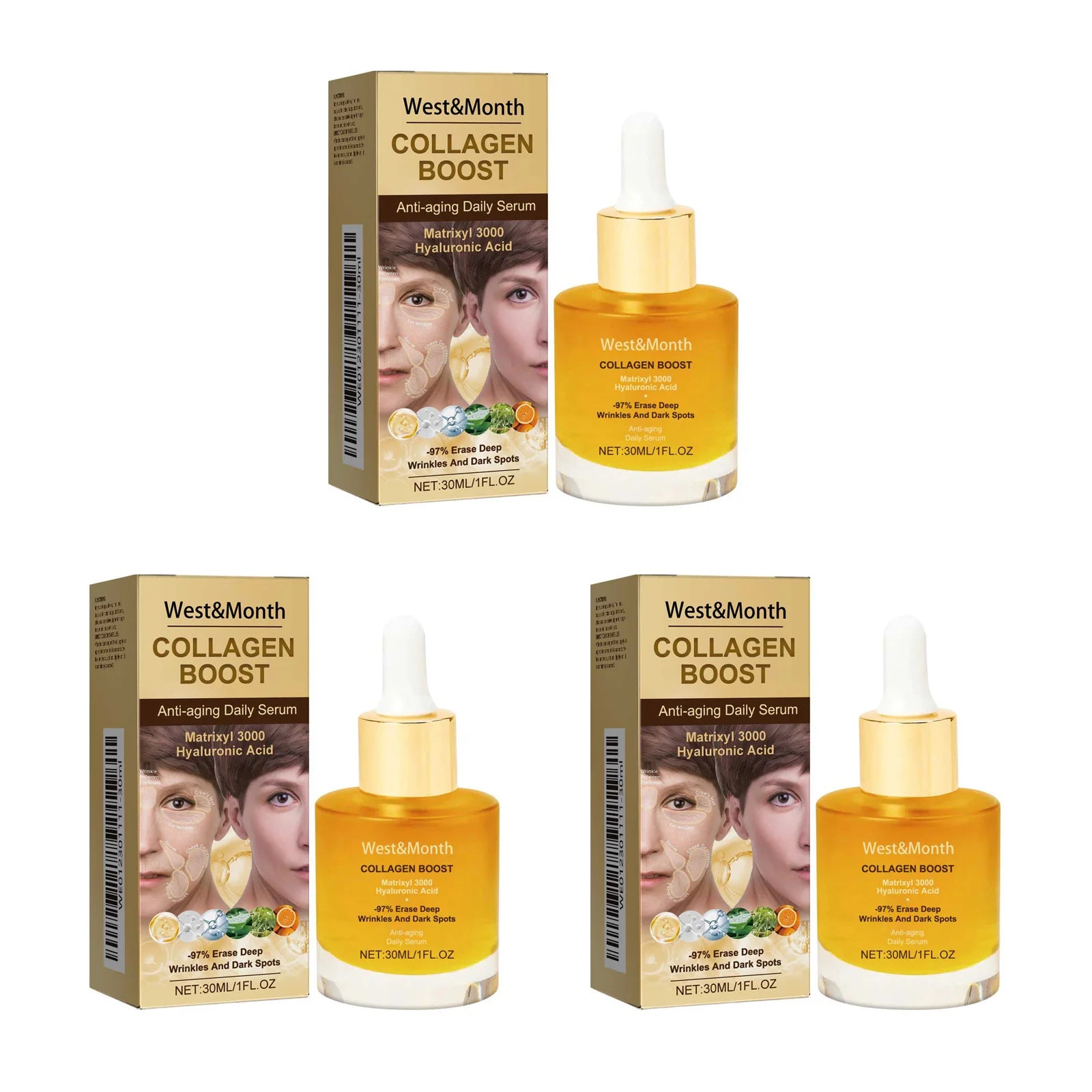 Collagen Face Serum Hydrating Tightening Smoothing Nourishing Brightening Face Skin Fade Fine Lines Anti-Aging Face Essence Oasis Select 3 x 30ml Boxed
