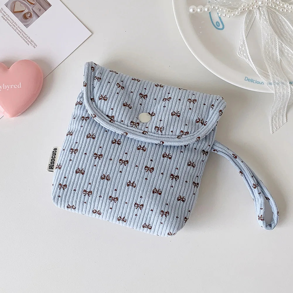 Corduroy Makeup Bag Premium Portable Storage Bag Cosmetic Organizer Bag Spacious Bow Sanitary Napkin Pouch For Gift For Women Oasis Select Blue