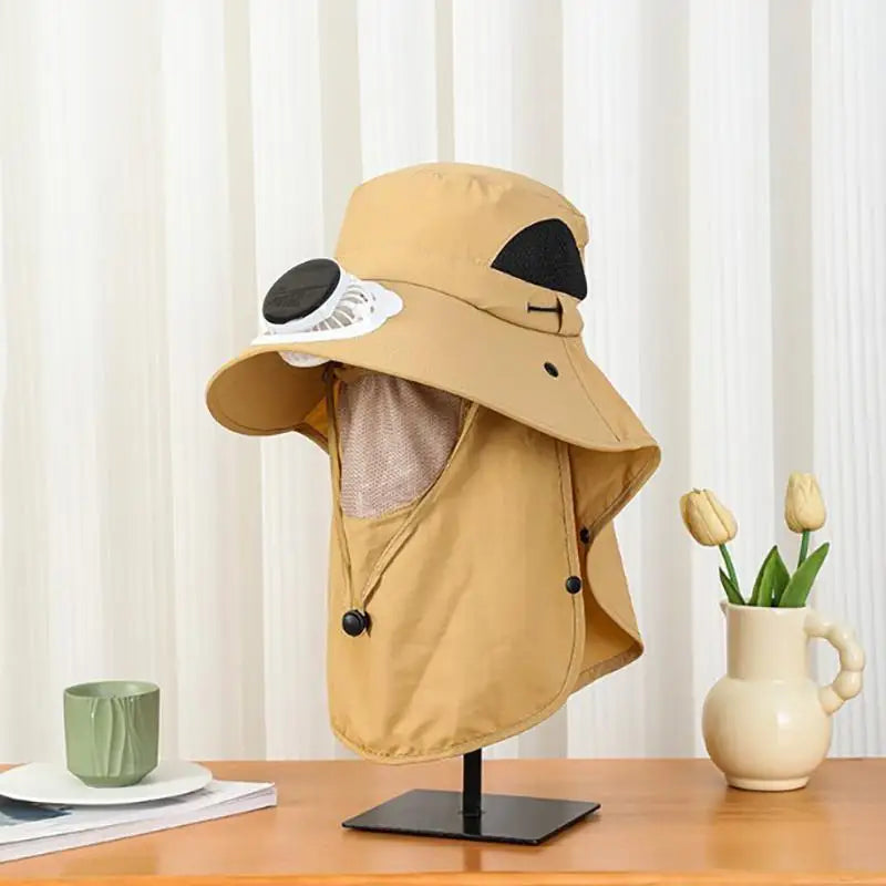 Men Solar Fan Wide Brim Fishing Hat with Shawl, USB Rechargeable UV Protection Outdoor Sun Hat Oasis Select khaki