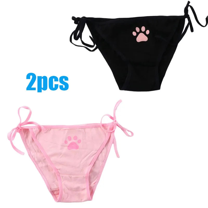 1/2/3/4pcs Women Sexy Sweet Cat Claw Briefs Low Waist Bowknot Bandage Lingerie Strings Strap Underwear Ladies Breathable Panties Oasis Select 2pcs mix 2 One Size as show
