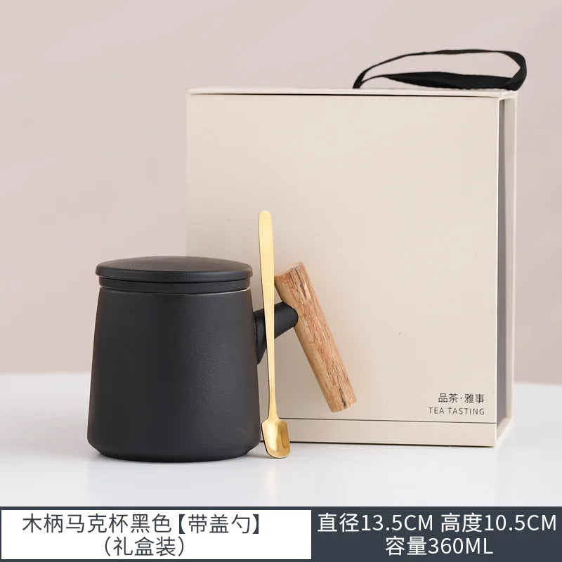 Office Wooden Handle Mug Japanese-style Ceramic Office Tea Cup Frosted Water Cup Three-piece Set with Lid Filter Mug Coffee Mug Oasis Select Black gift box 301-400ml