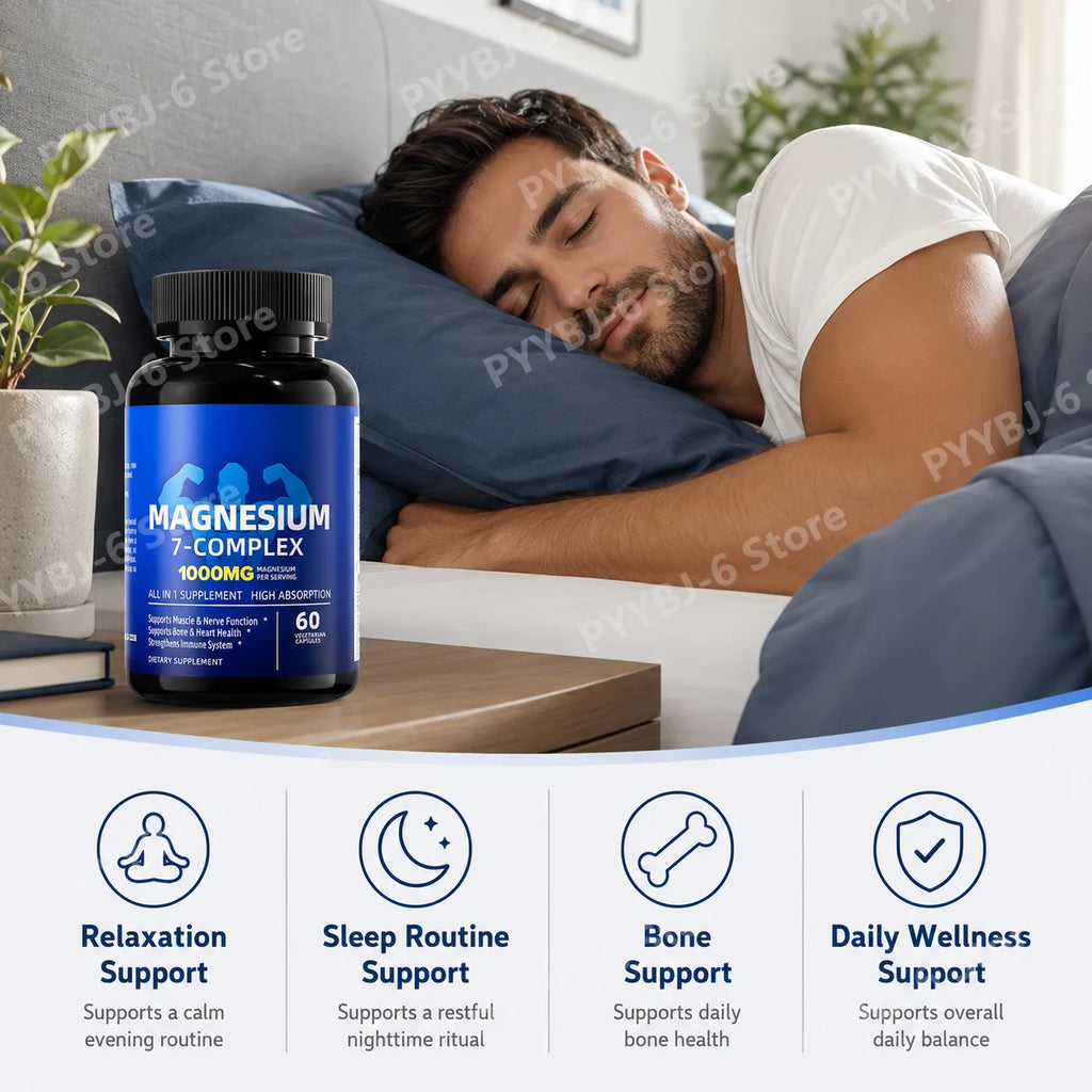 Magnesium 7 Complex 1000mg – Glycinate, Citrate, Zinc, D3 & B6 60ct Magnesium Supplement Oasis Select