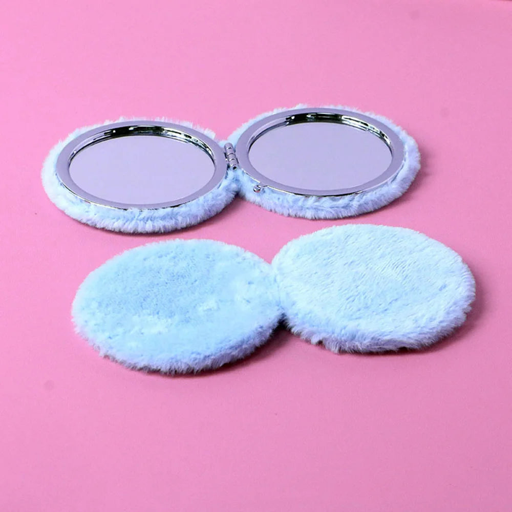 Fluffy Plush Compact Mirror – Dual-Sided Portable Folding