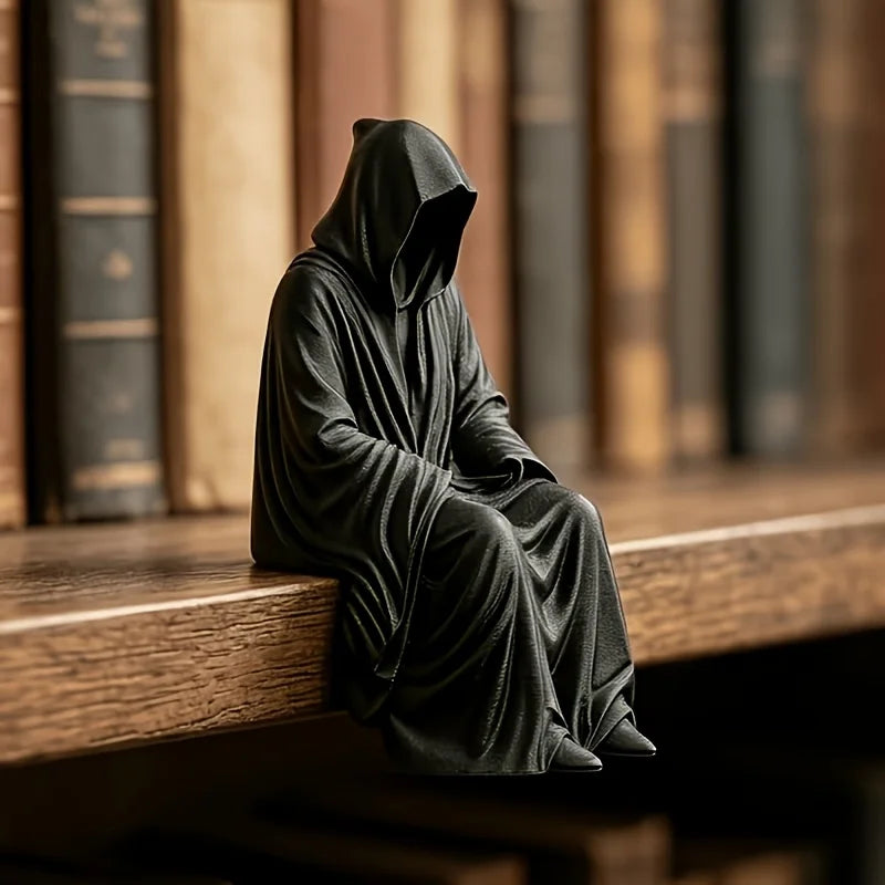 Gothic Grim Reaper Desktop Edge sitting posture Ornament Black Robe Faceless Wizard Sculpture Ornament Home Desktop Decor Oasis Select