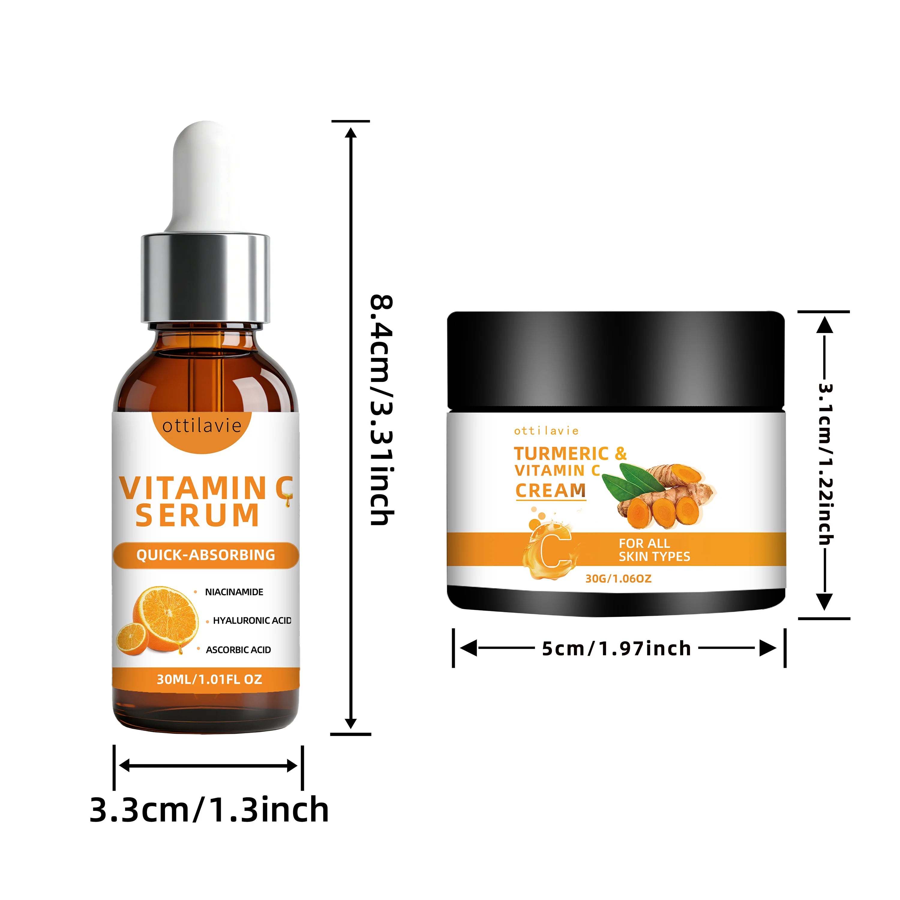 Ottilavie Turmeric & VC Cream+Serum Skincare Duo Set, ace/Neck/Body,Unisex,All Skin Types, Lightweight Daily,Non-greasy Oasis Select 30g30ml