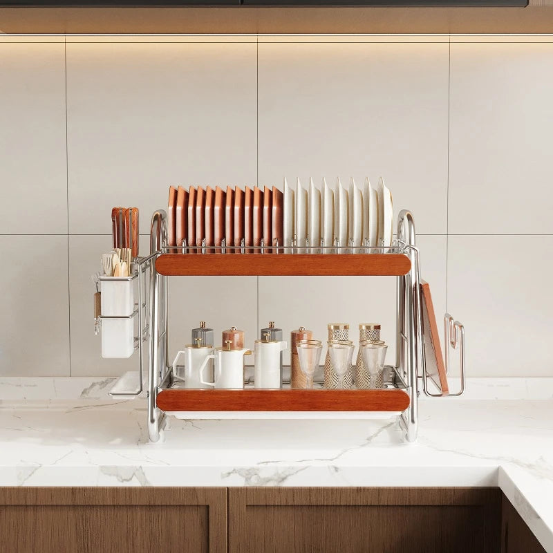 Medieval Stainless Steel Dish Storage Rack Dish Knife Chopsticks Drain Rack Oak Baffle Drying Rack Kitchen Shelf Oasis Select