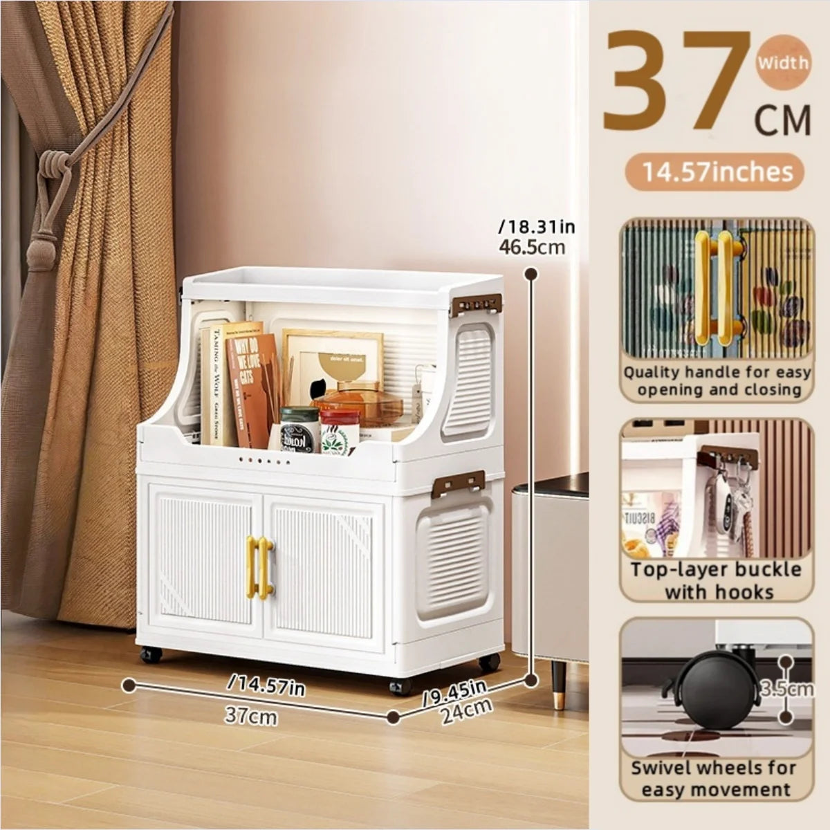 Foldable Double-Door Storage Cabinet,Large Capacity Space-Saving Mobile Organizer for Bedroom&Living Room（Clothes, Toys&Snacks） Oasis Select 2 Tiers White