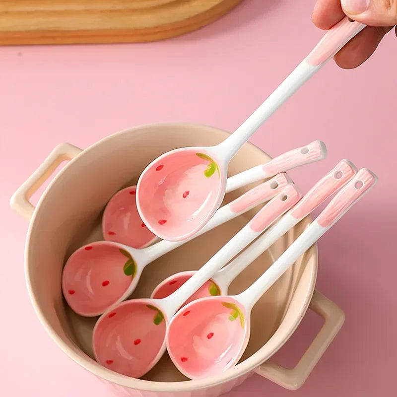 Kitchen Accessories Kawaii Strawberry Ceramic Soup Spoon Cute Korean Ice Cream Hand Painted Coffee Dessert Long Handle Spoon Oasis Select