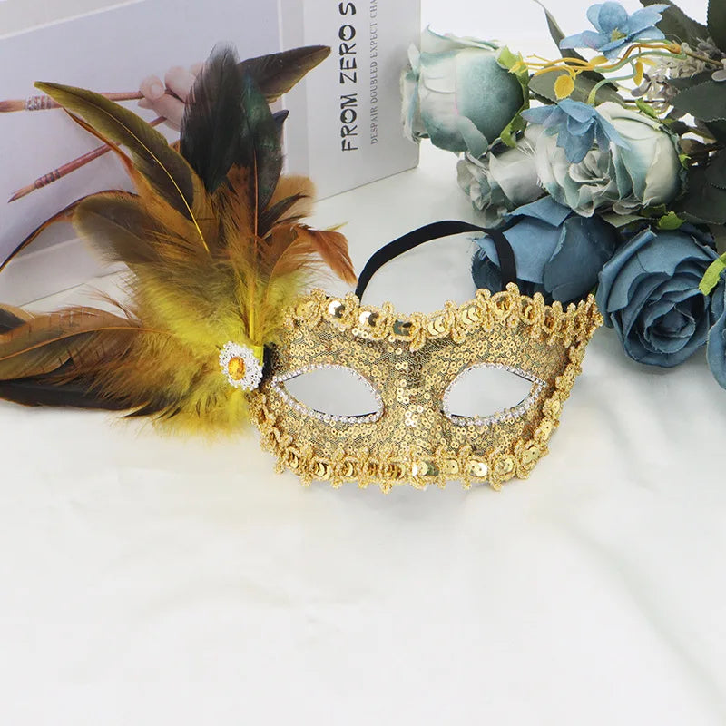 Feathers Sequins Half-Face Mask Masquerade Removable Feather Decor Venetian Mask Halloween Cosplay Party Costume Accessory Oasis Select Gold