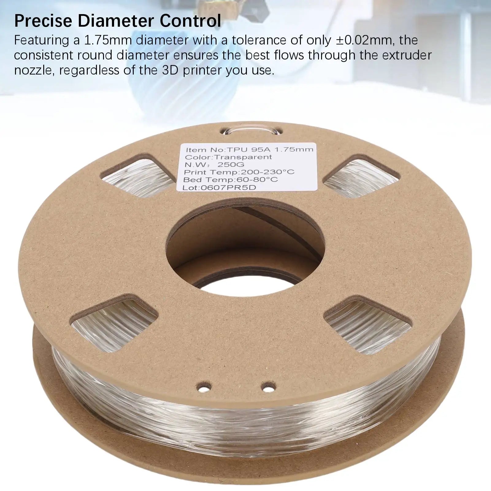 3D Printer Filament TPU Filament 1.75mm 95A 250g High Elasticity Flexible 3D Printer Filament for Most 3D Printers Transparent Oasis Select