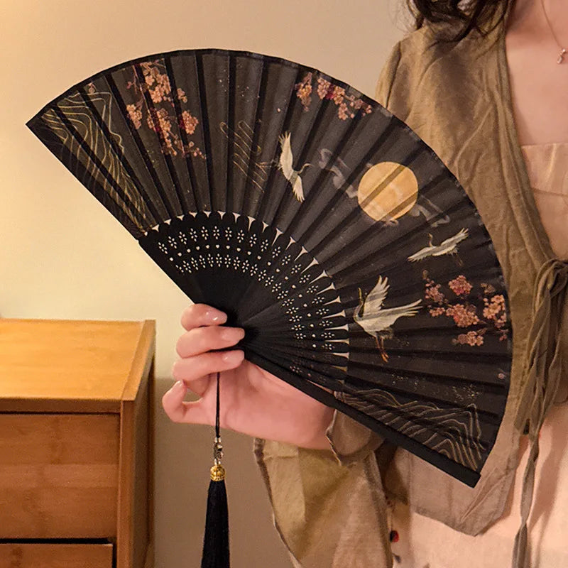Summer Ancient Costume Portable New Chinese-style Cheongsam Dance Tassel Folding Bamboo Fan Student Ancient-style Folding Fan Oasis Select