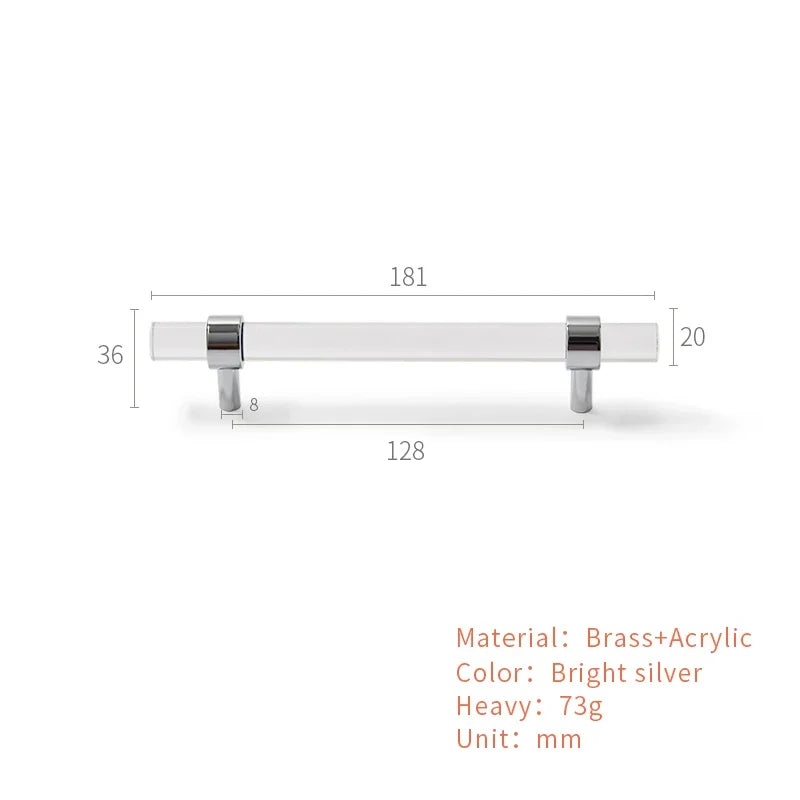 Brass Transparent Furniture Handles Modern Minimalist Acrylic Silver Gold Wardrobe Cupboards Dresser Drawer Kitchen Knobs Oasis Select B3-128mm