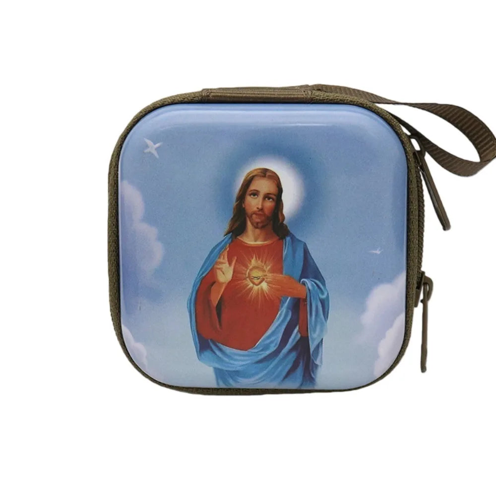 Virgin Mary Prayer Rosary Storage Bag Iron Artwork 7x7cm Religious Articles Cartoon Zippered Religious Jewelry Box Oasis Select J