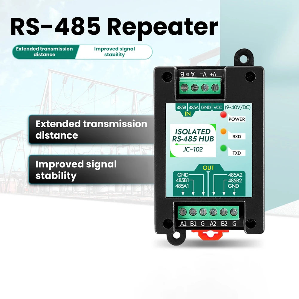 DC 9-40V RS485 2-Way Opto-Isolated Repeater Industrial-Grade 485 Hub 2-Port Anti-Interference Surge-Protected Signal Amplifier Oasis Select