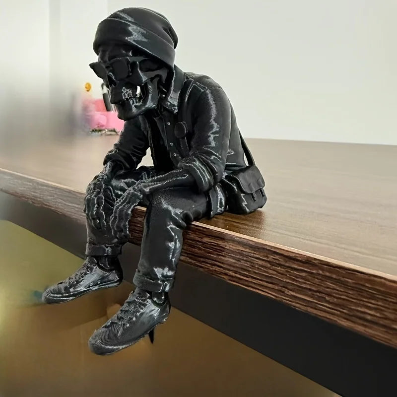 Street Style Skeleton Traveler Ornaments Fashion Skeleton Sitting Statues Cool Leisure Beanie Home Desktop Ornaments Decor Gifts Oasis Select Cold Hat Skull black