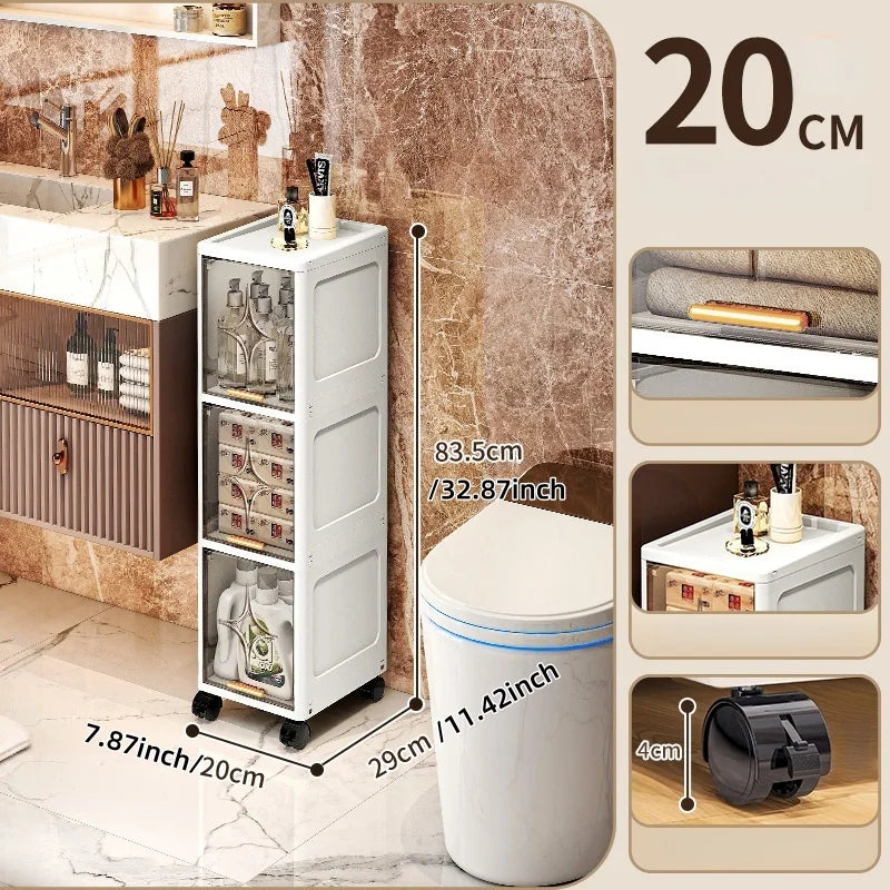 Heavy-Duty Space-Saving Flip Slim Cabinet 3-5 Tiers 20cm Wide Rolling for Kitchen Bedroom Bathroom Living Room 2 Colors Option Oasis Select 3 Layers-gray