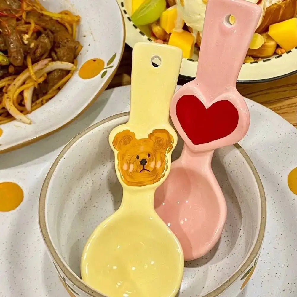 Cute Bear Heart-Shaped Ceramic Spoon Children's Rice Spoon Dessert Spoon Kitchen Tablewear Oasis Select